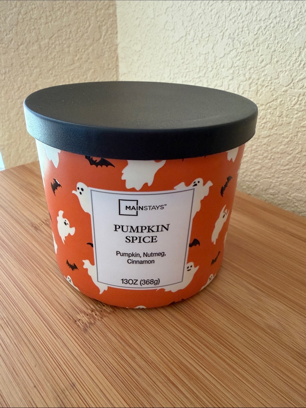 Mainstays Orange Ghost & Bat Decorative Candle Jar with Black Lid